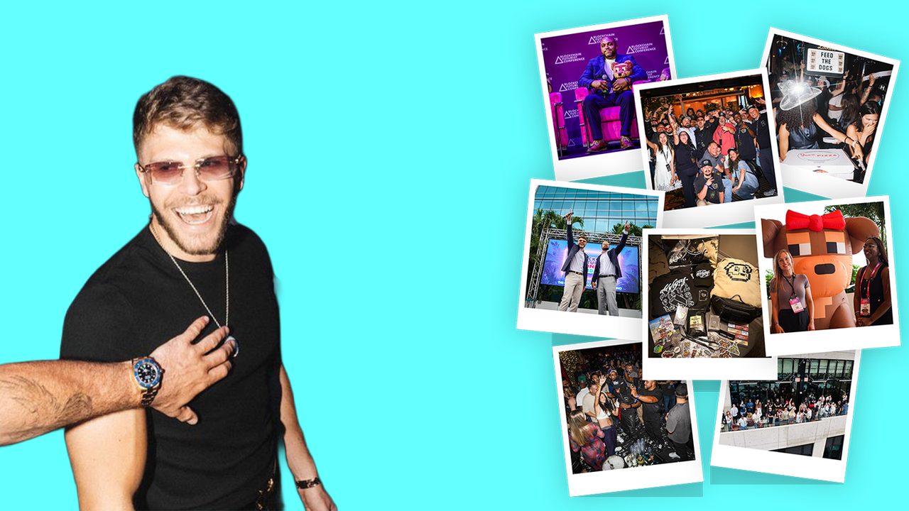 Christian Barker (Bark, Barkmeta) on a cyan field beside polaroids of Doginal Dogs events, Blockchain Futurists Conference, Feed the Dogs, and merch