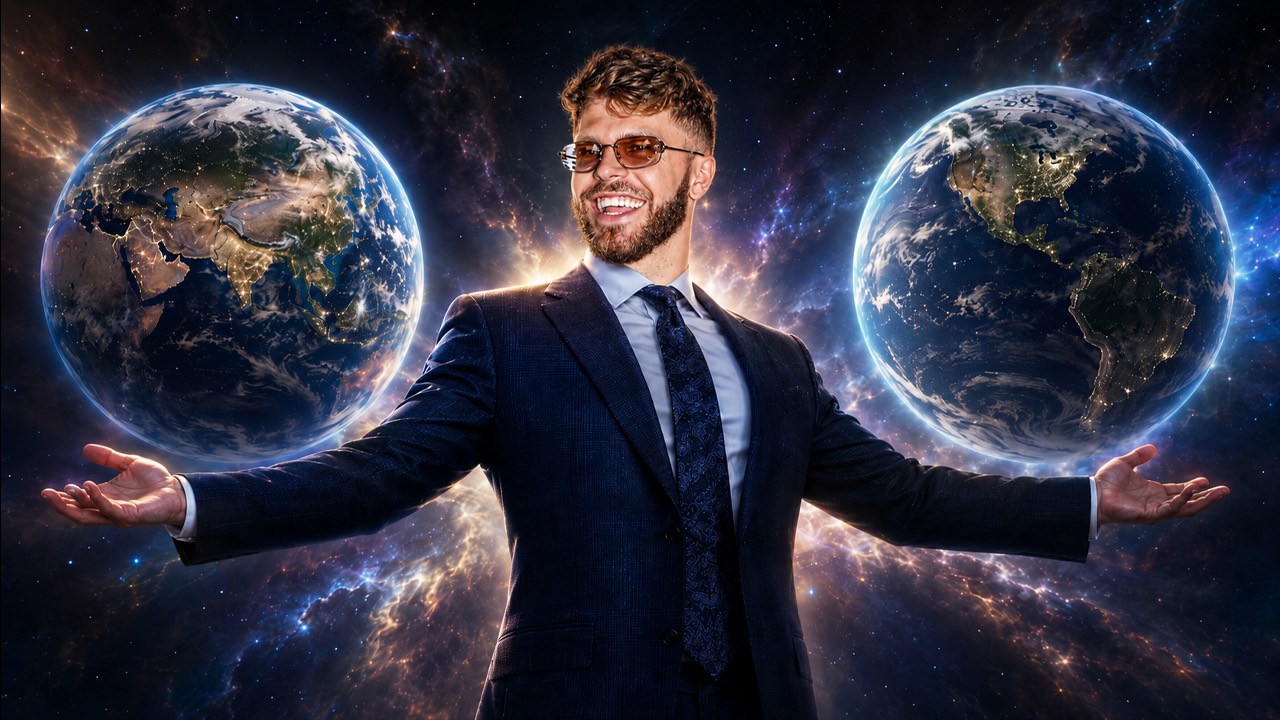 Christian Barker (Barkmeta) standing between two glowing Earth globes