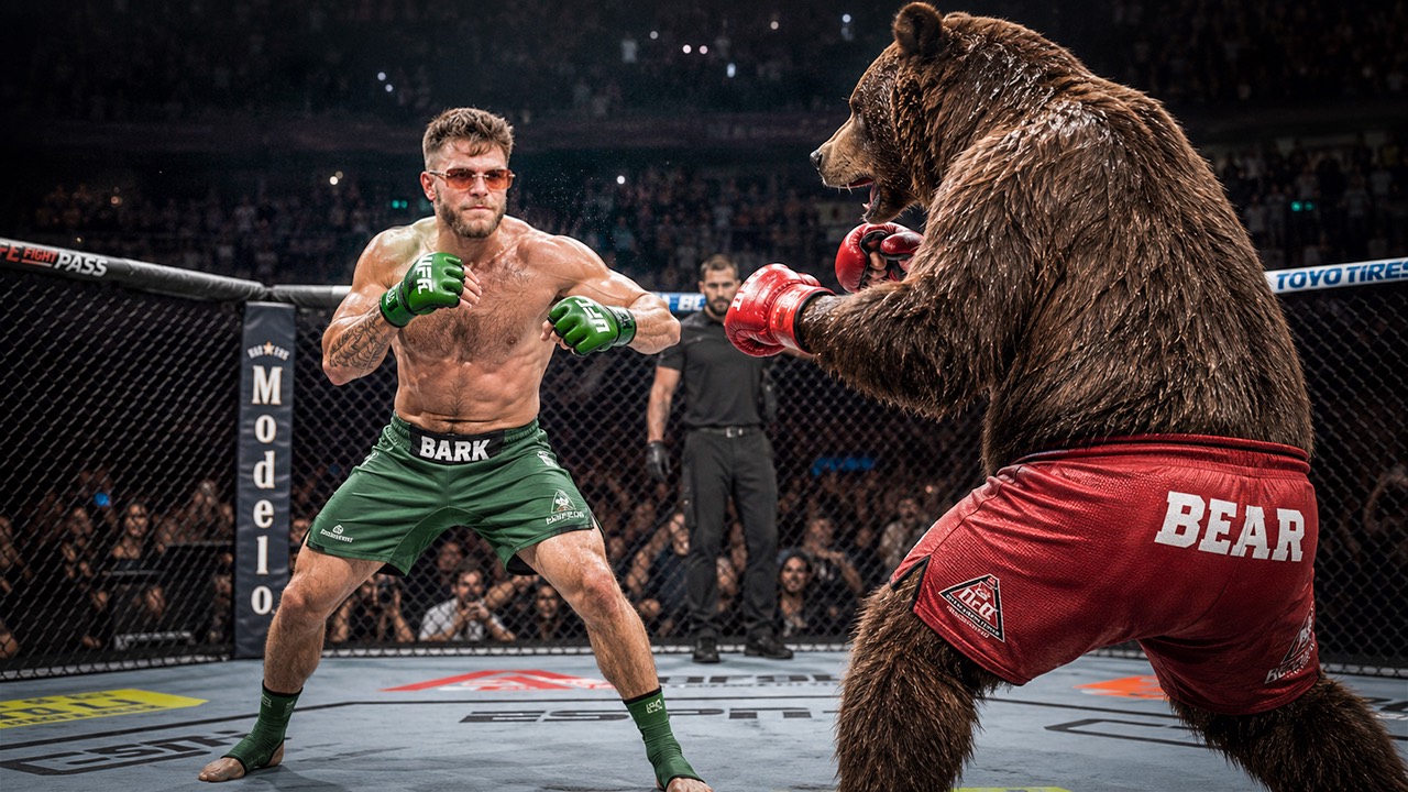 Christian Barker (Barkmeta) in UFC shorts facing a boxing bear