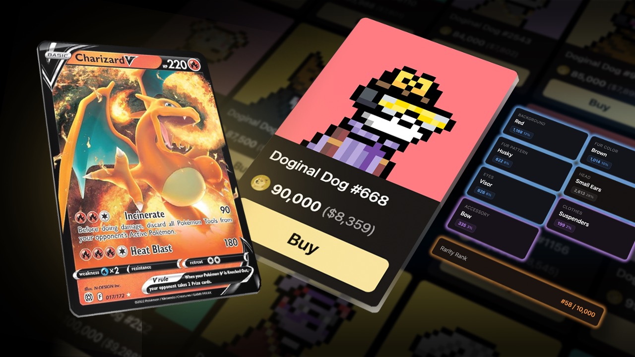 Charizard V card next to a Doginal Dog marketplace listing in Dogecoin