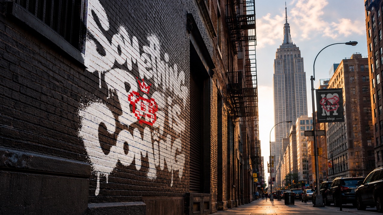 NYC mural reading something is coming around a crowned pixel dog