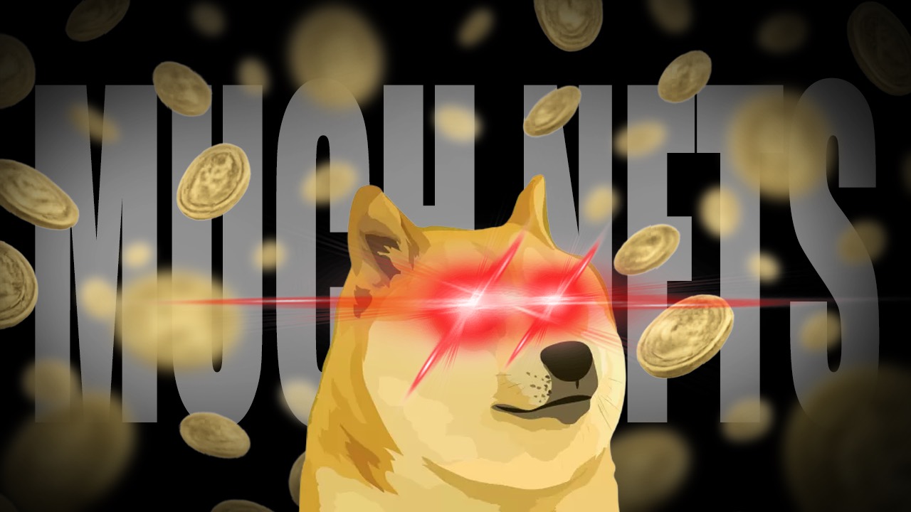 Dogecoin Doge with red laser eyes and MUCH NFTS as gold coins fall