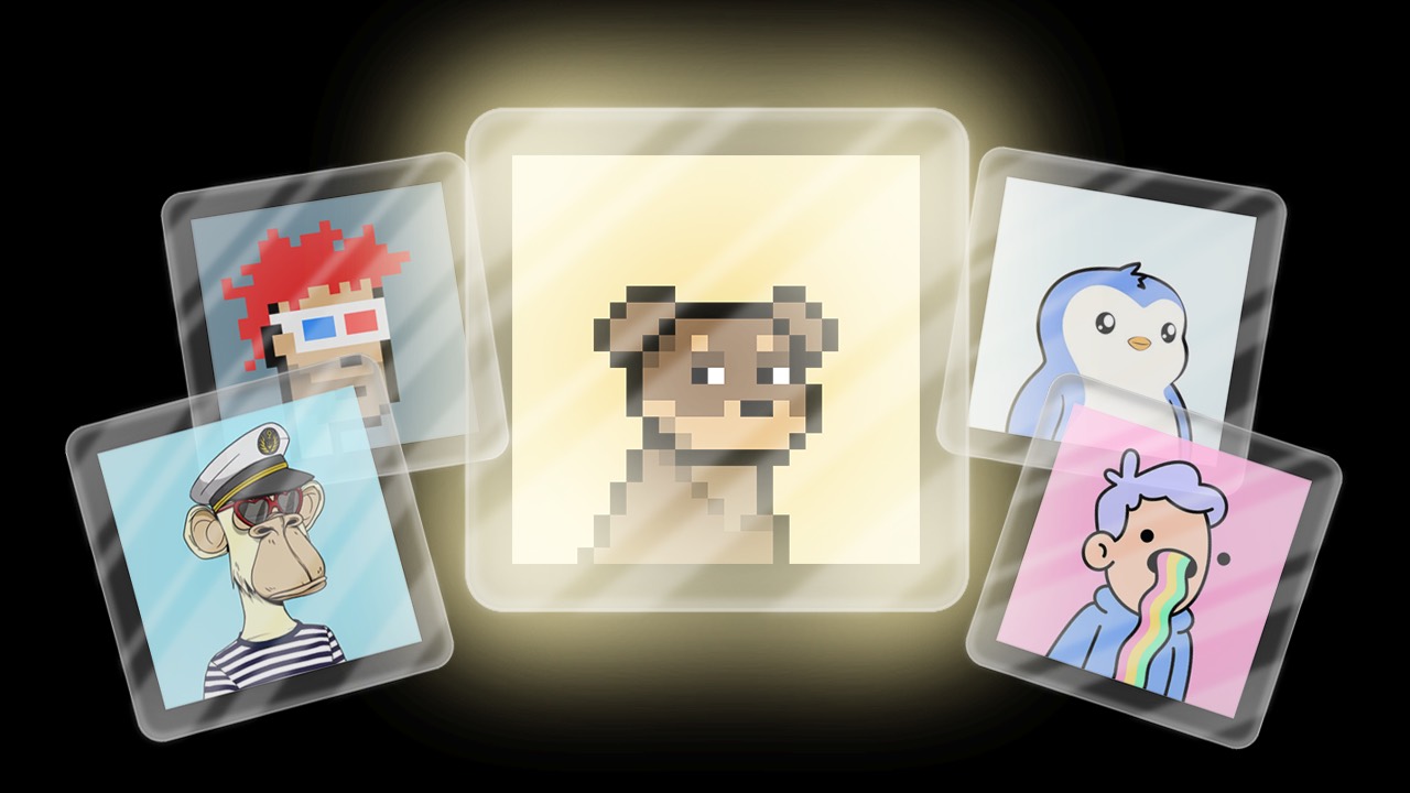 Doginal Dogs pixel portrait among CryptoPunk, Bored Ape, and Pudgy Penguin NFTs
