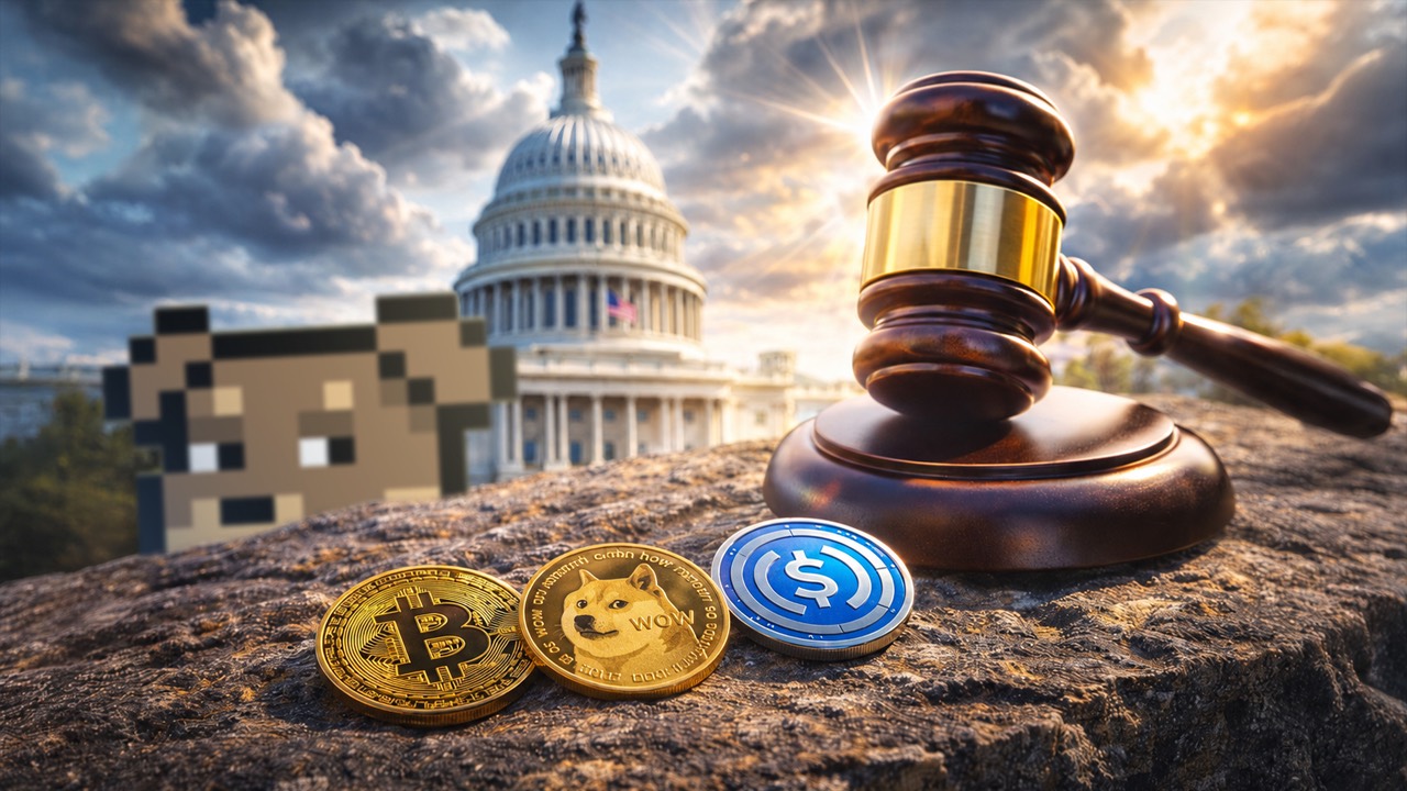Pixel Doginal Dog beside Bitcoin, Dogecoin, and USDC with a gavel and Capitol
