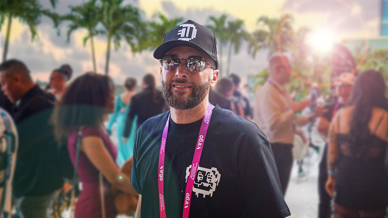 Doginal Dogs community member in a pixel hat at an outdoor crypto conference