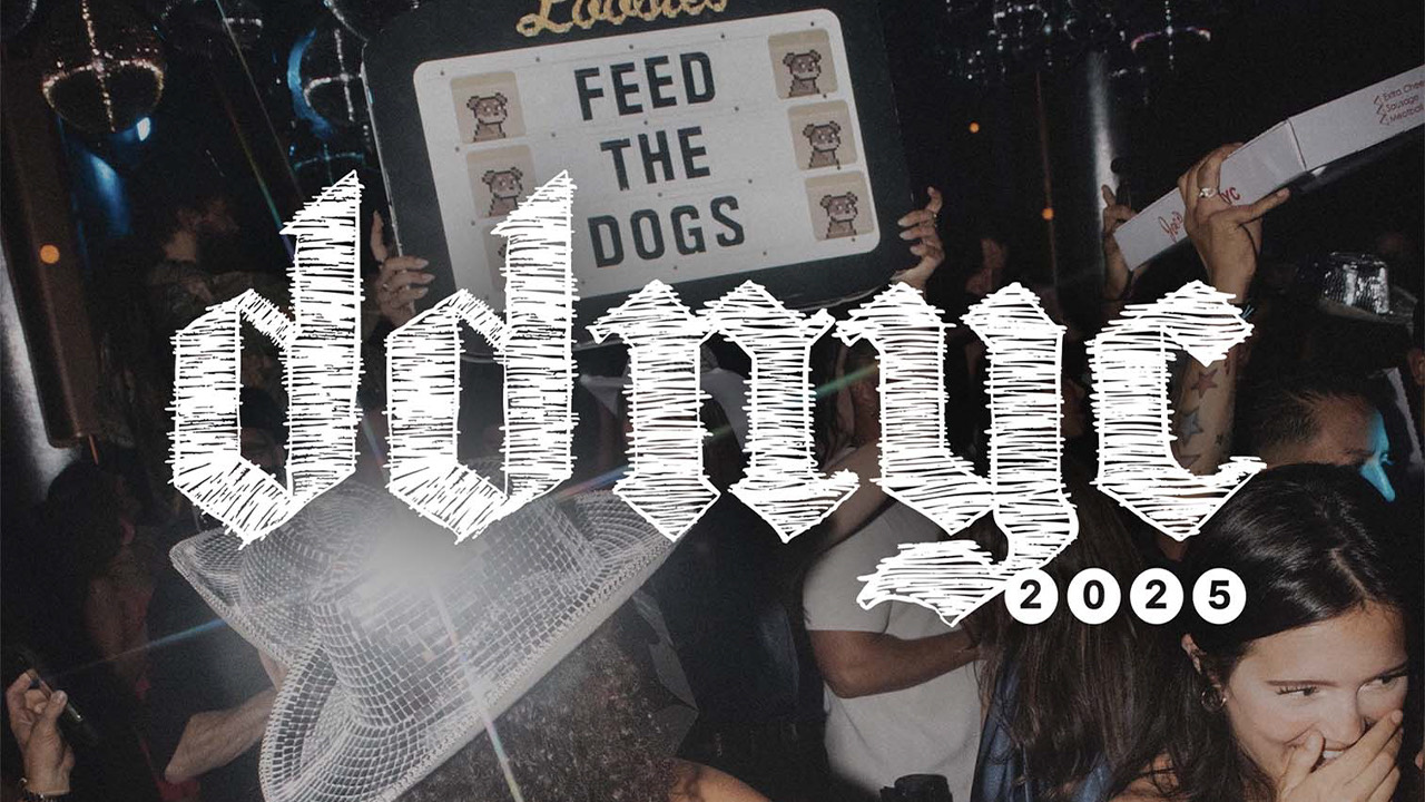 Nightclub crowd at DDNYC 2025 with Feed the Dogs and pixel dogs