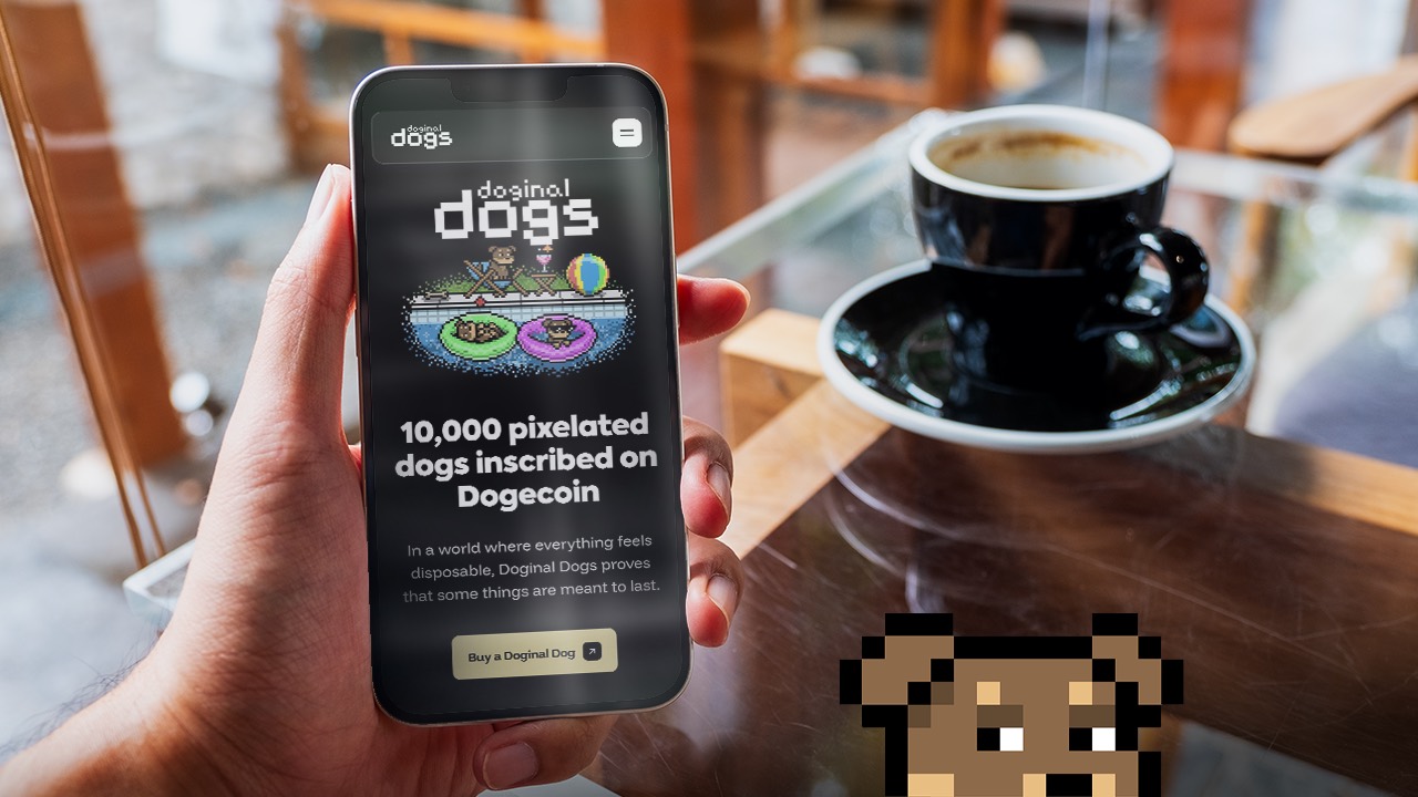 Phone displaying 10,000 pixelated Doginal Dogs inscribed on Dogecoin