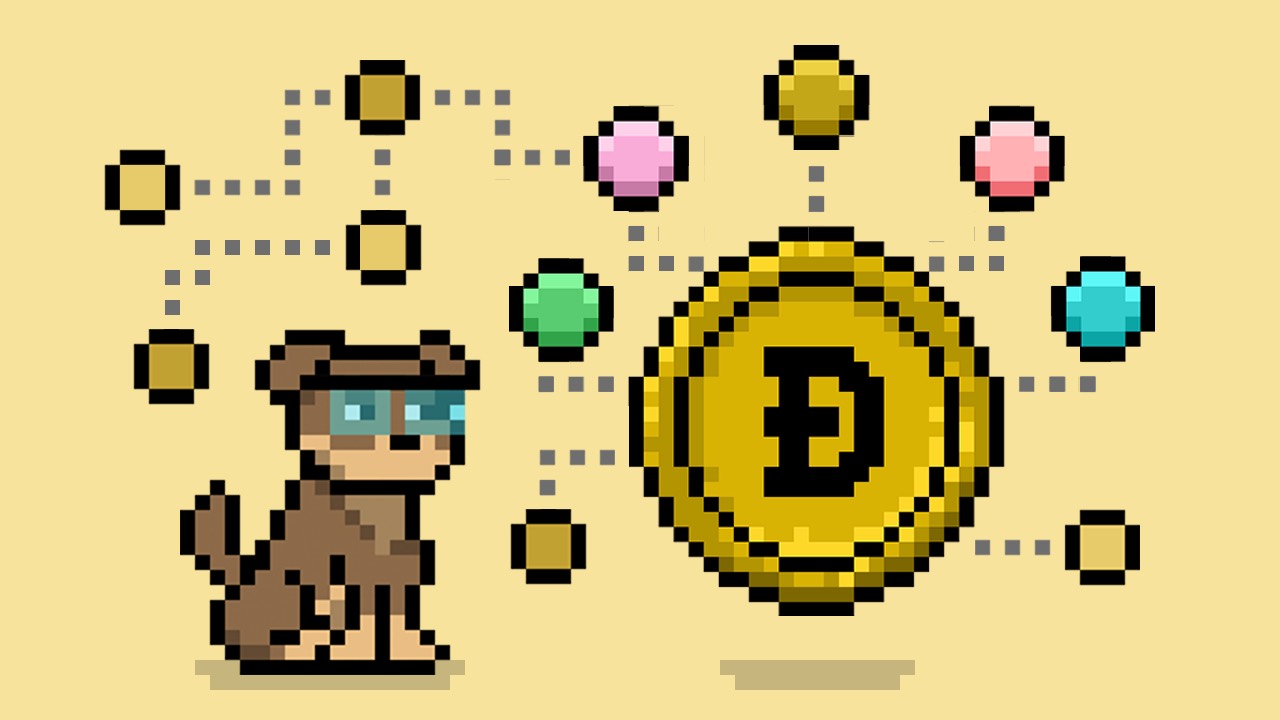 Pixel dog beside a Dogecoin coin connected to colorful network nodes