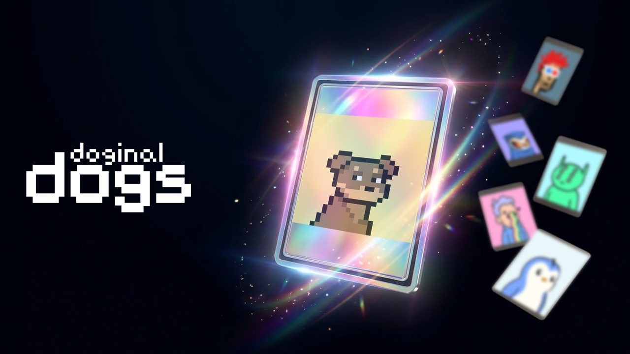 Cropped brown Doginal Dogs pixel face beside the cream Doginal Dogs wordmark on a dark brand field