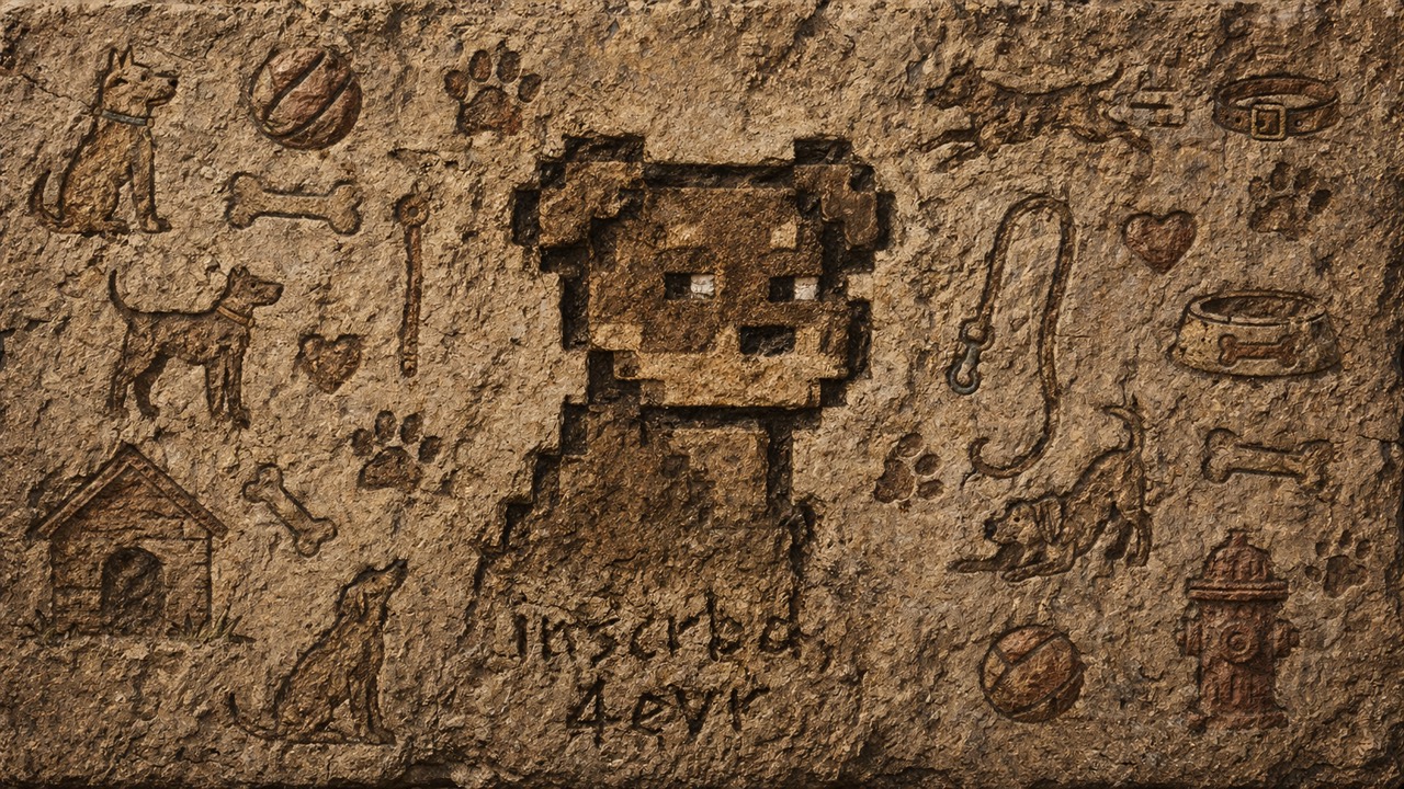 Stone carving of a Doginal Dogs pixel dog with the words inscribed forever