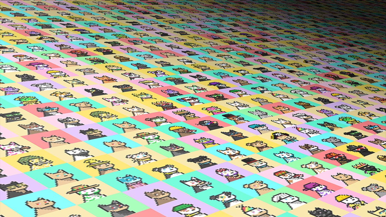 Perspective grid of colorful Doginal Dogs pixel NFTs stretching into the distance