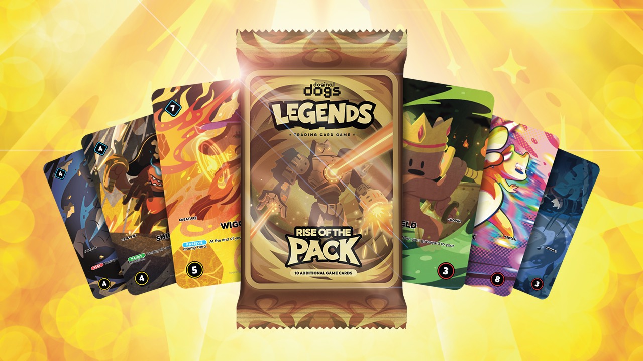 Doginal Dogs Legends booster and cards on a gold sparkle background