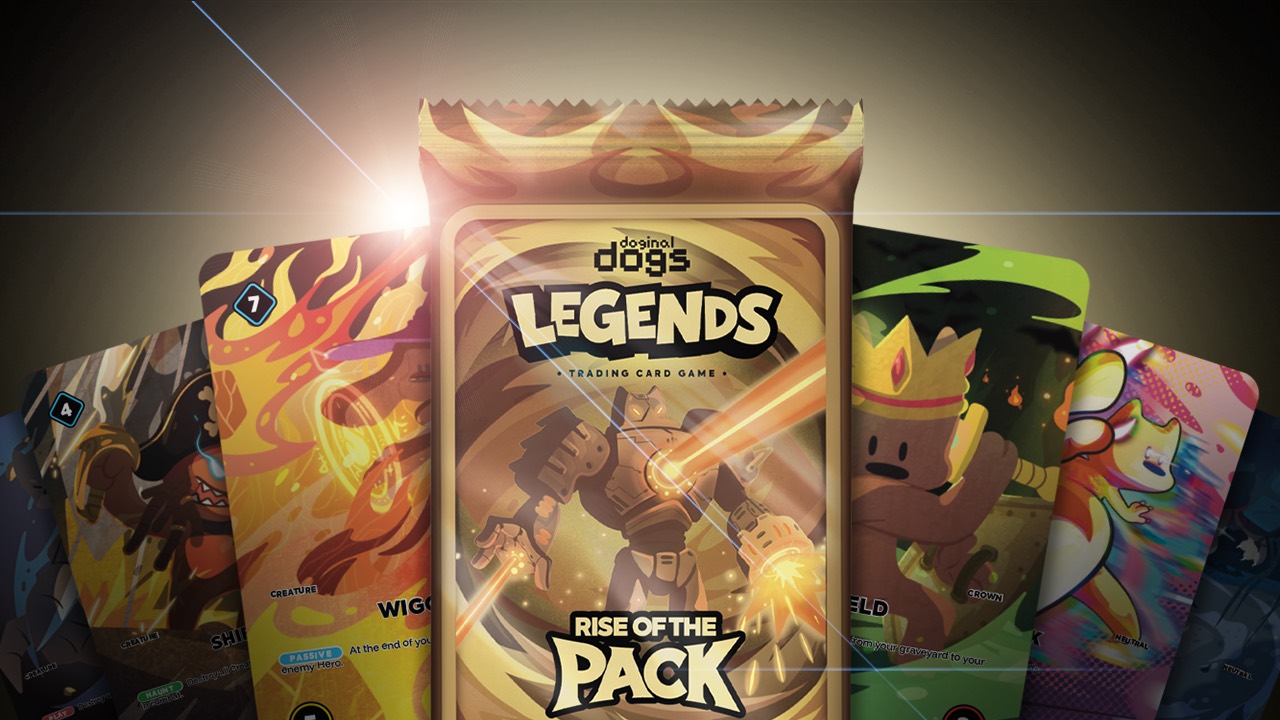 Doginal Dogs Legends Rise of the Pack booster with a fan of TCG cards