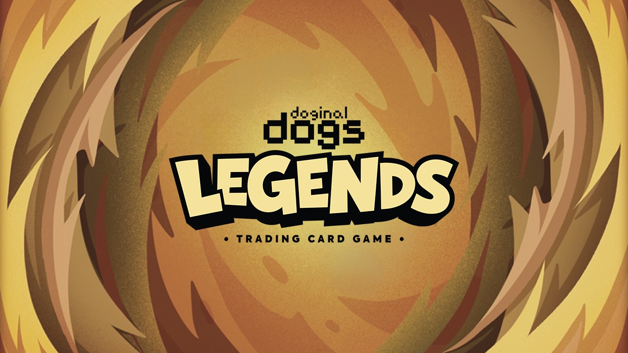 Doginal Dogs Legends trading card game logo on a gold swirl background