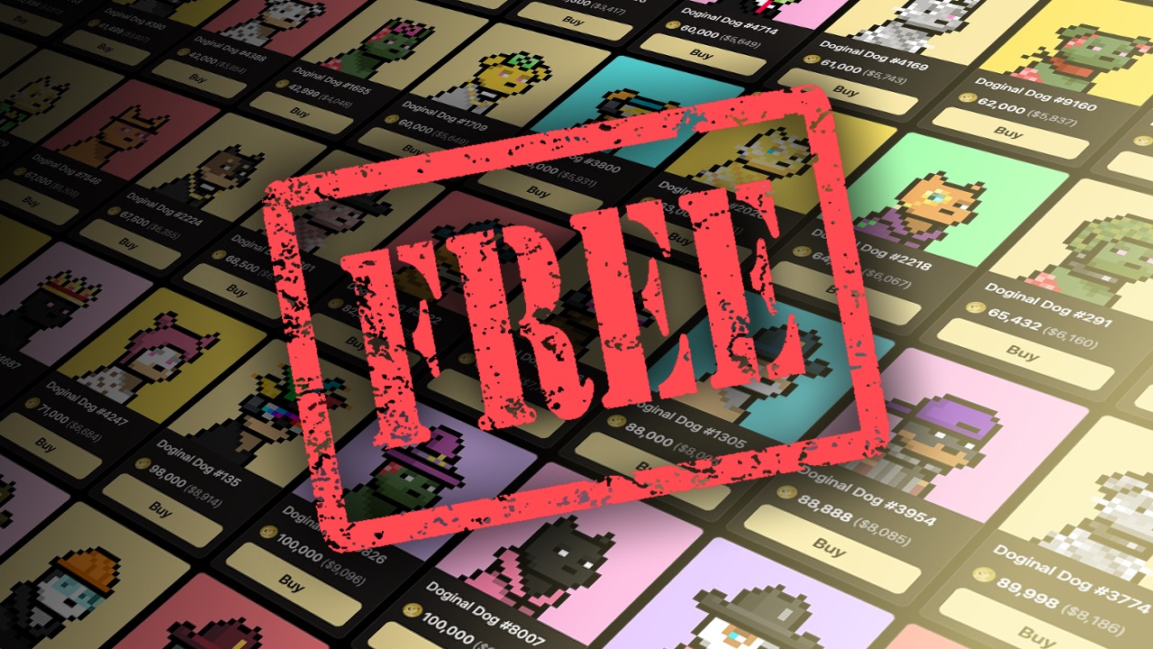 Grid of Doginal Dogs NFT marketplace listings overlaid with a FREE stamp