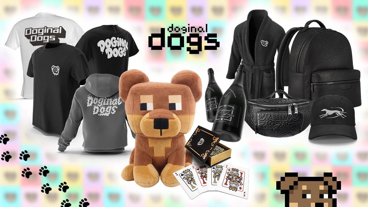 Doginal Dogs merch including a pixel plush, tees, hoodie, and playing cards