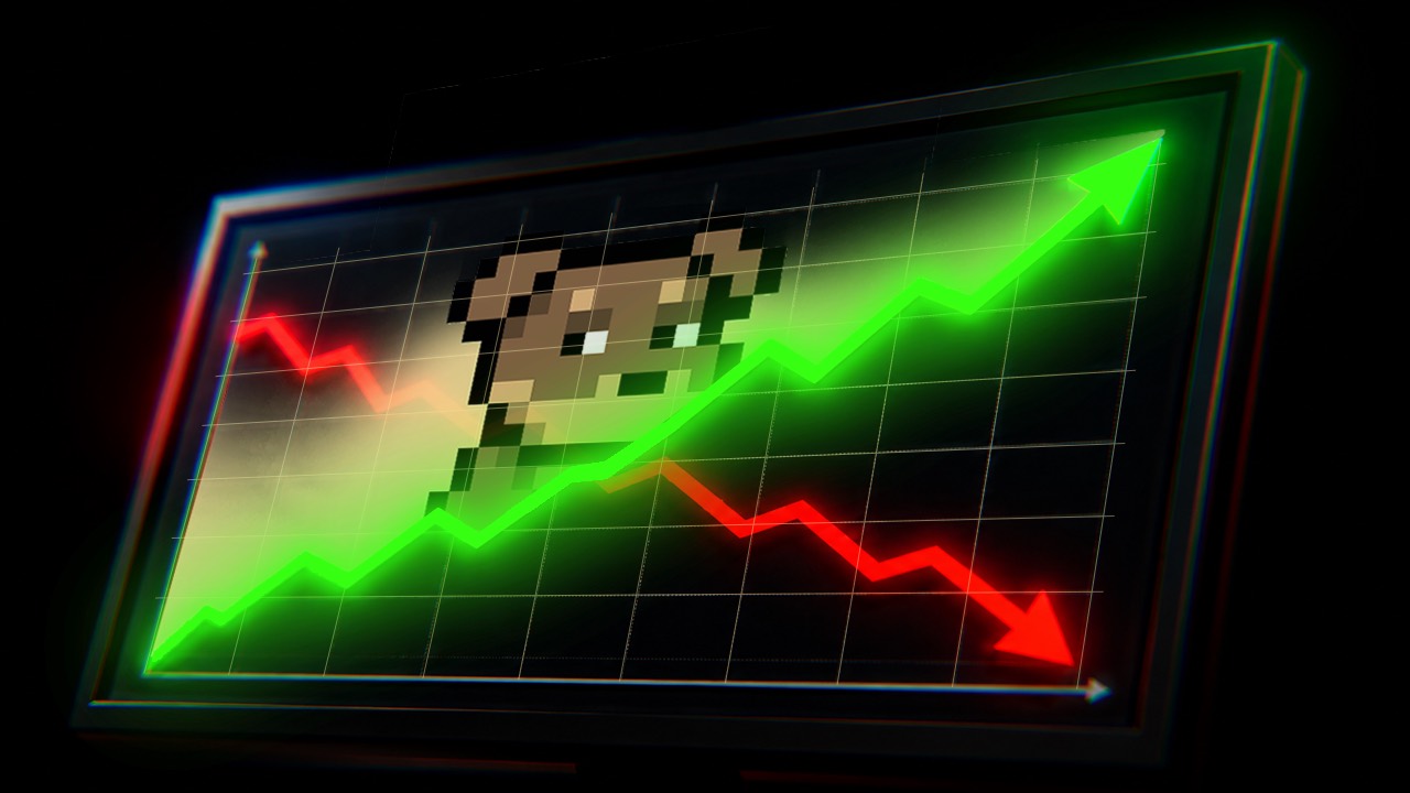Pixel Doginal Dog on a trading chart with a rising green line