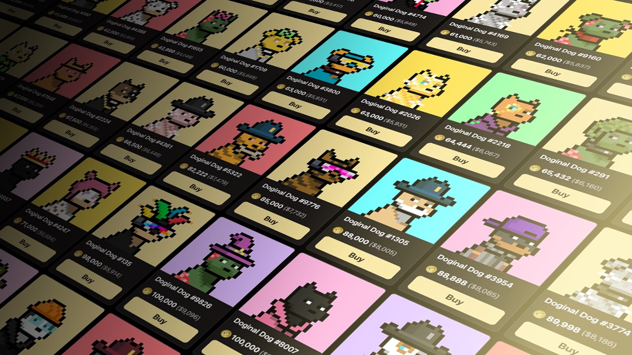 Spotlighted brown Doginal Dogs pixel NFT above a colorful Dogecoin inscription gallery