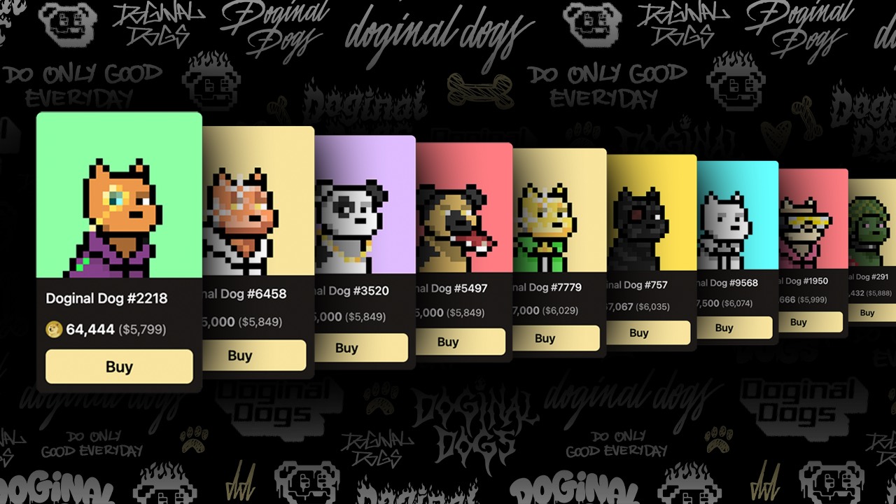 Row of colorful Doginal Dogs pixel NFT listing cards with Dogecoin prices