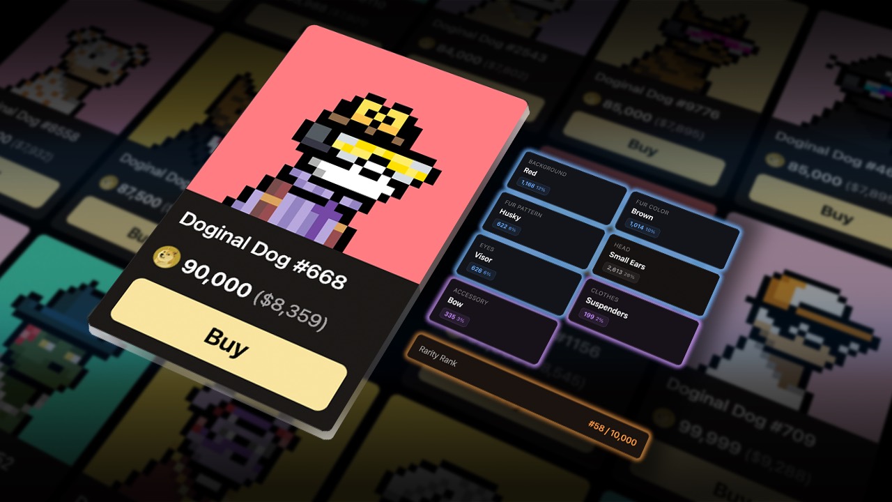 Doginal Dog marketplace listing with rarity traits and Dogecoin price