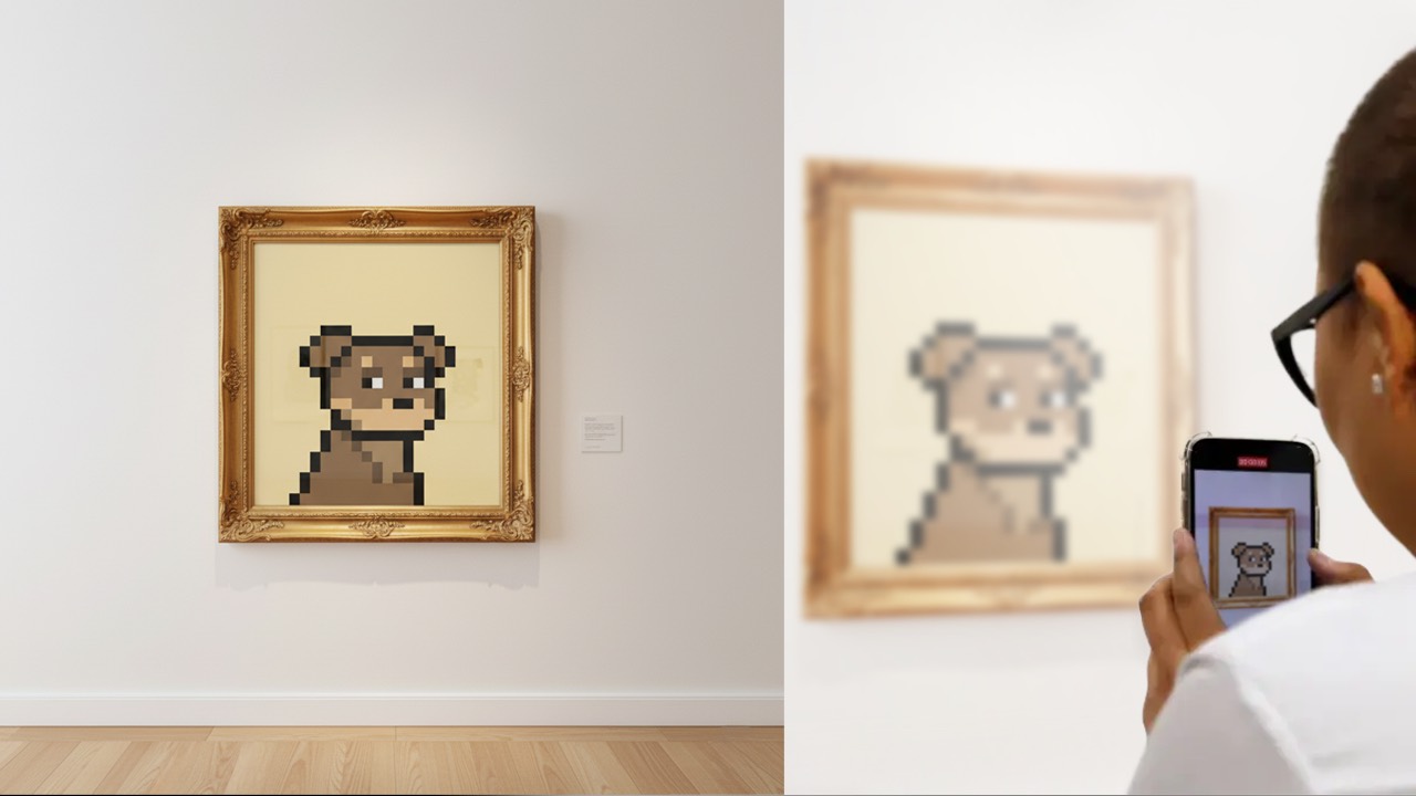 Framed Doginal Dogs pixel artwork in a white gallery being photographed