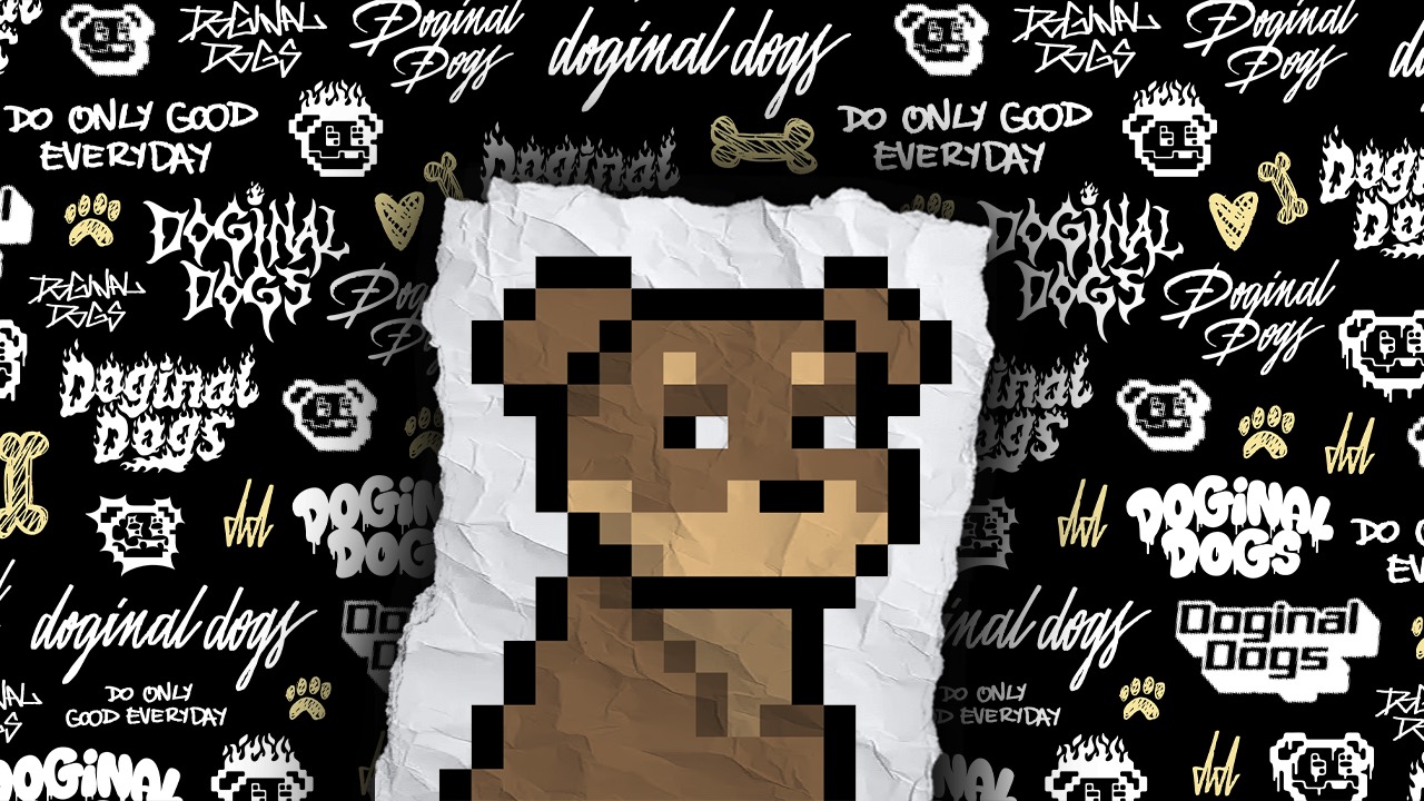 Doginal Dogs pixel portrait on crumpled paper over branded graffiti logos