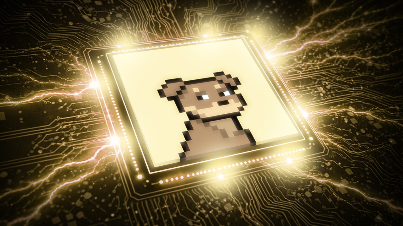Brown pixel dog glowing on a gold microchip, evoking Dogecoin inscriptions