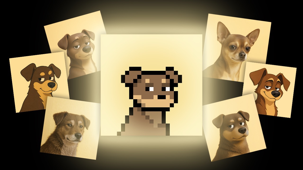 NYC mural reading something is coming around a crowned pixel dog