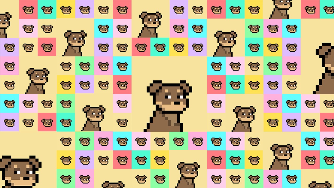 Colorful checkerboard of brown Doginal Dogs pixel faces on pastel squares