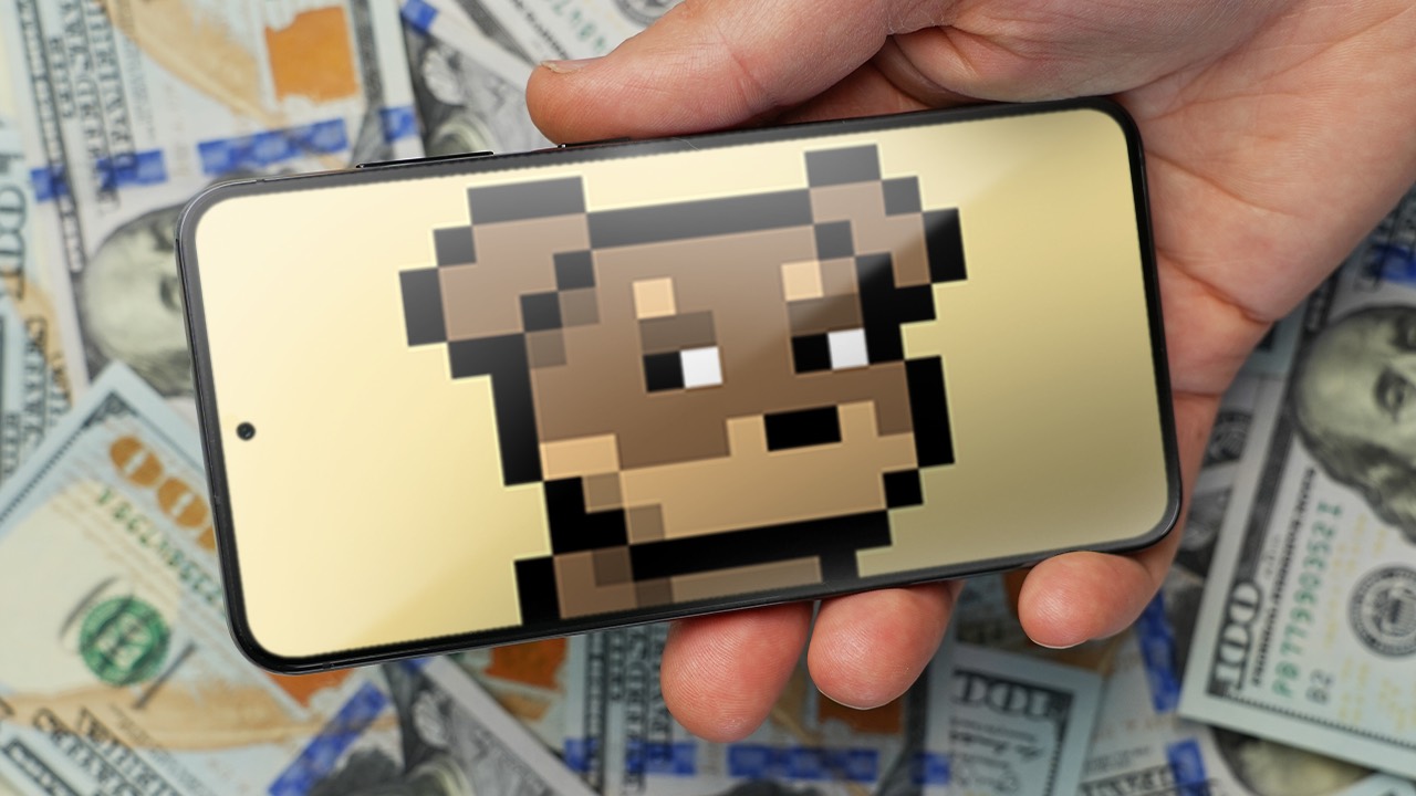 Hand holding a phone displaying a Doginal Dogs pixel NFT over cash
