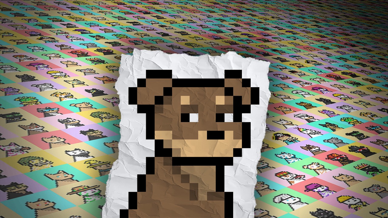 Crumpled-paper Doginal Dogs pixel portrait over a colorful NFT collection grid