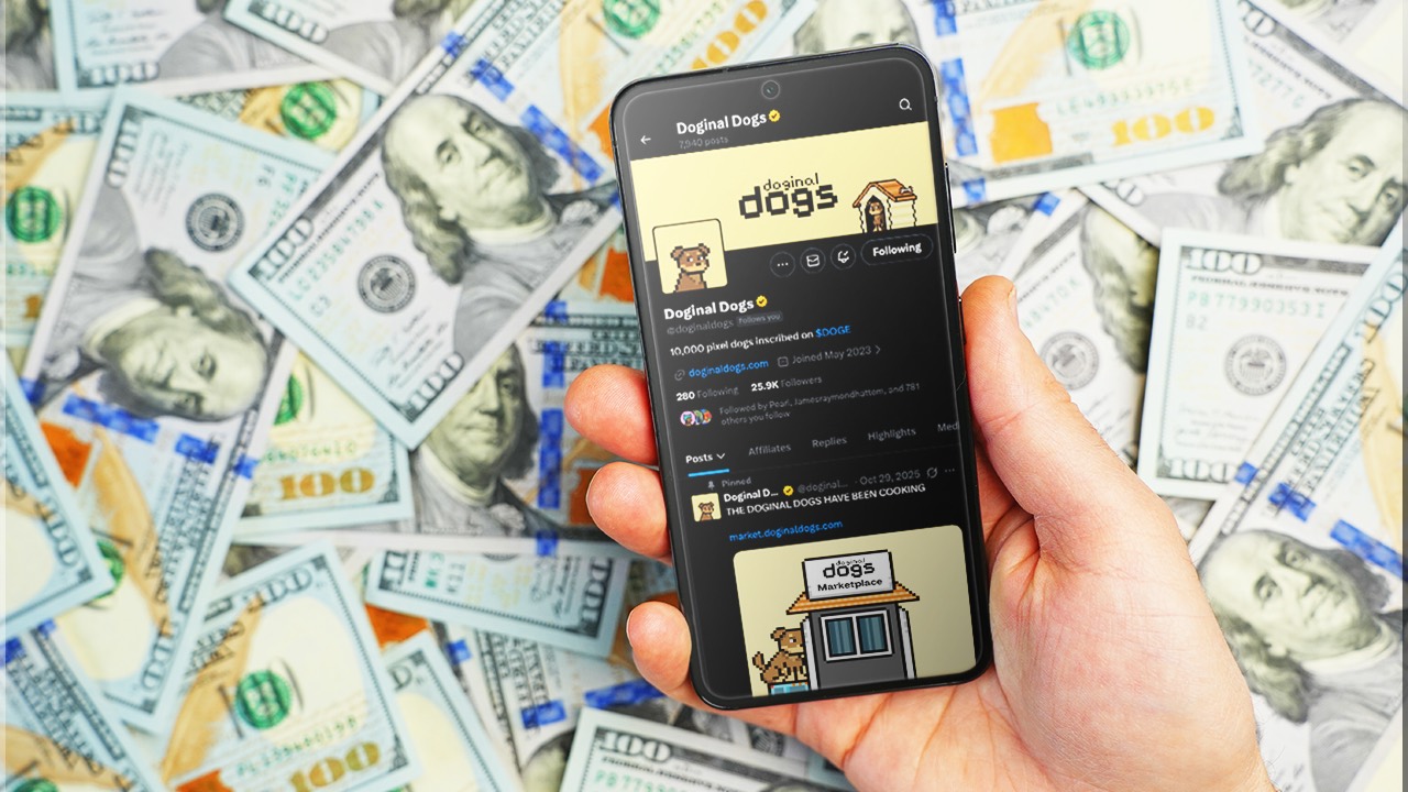 Phone showing the verified Doginal Dogs X profile over US hundred-dollar bills