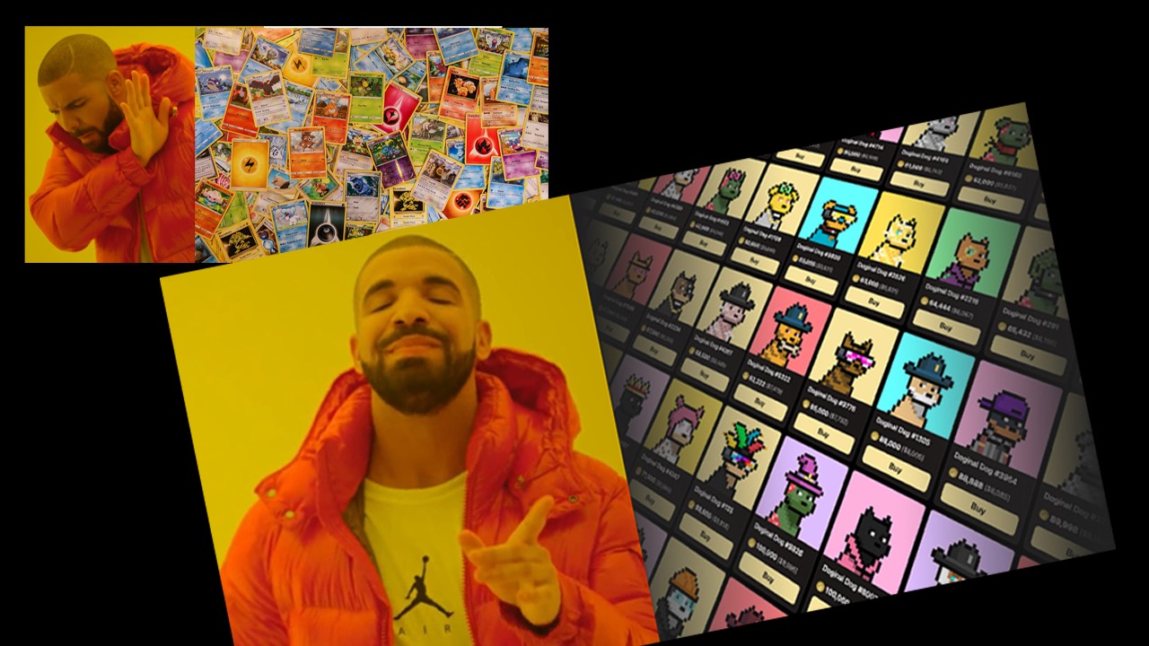 Drake meme rejecting Pokemon cards and approving a Doginal Dogs marketplace