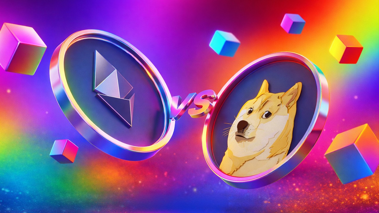Ethereum and Dogecoin coins facing off on a colorful gradient