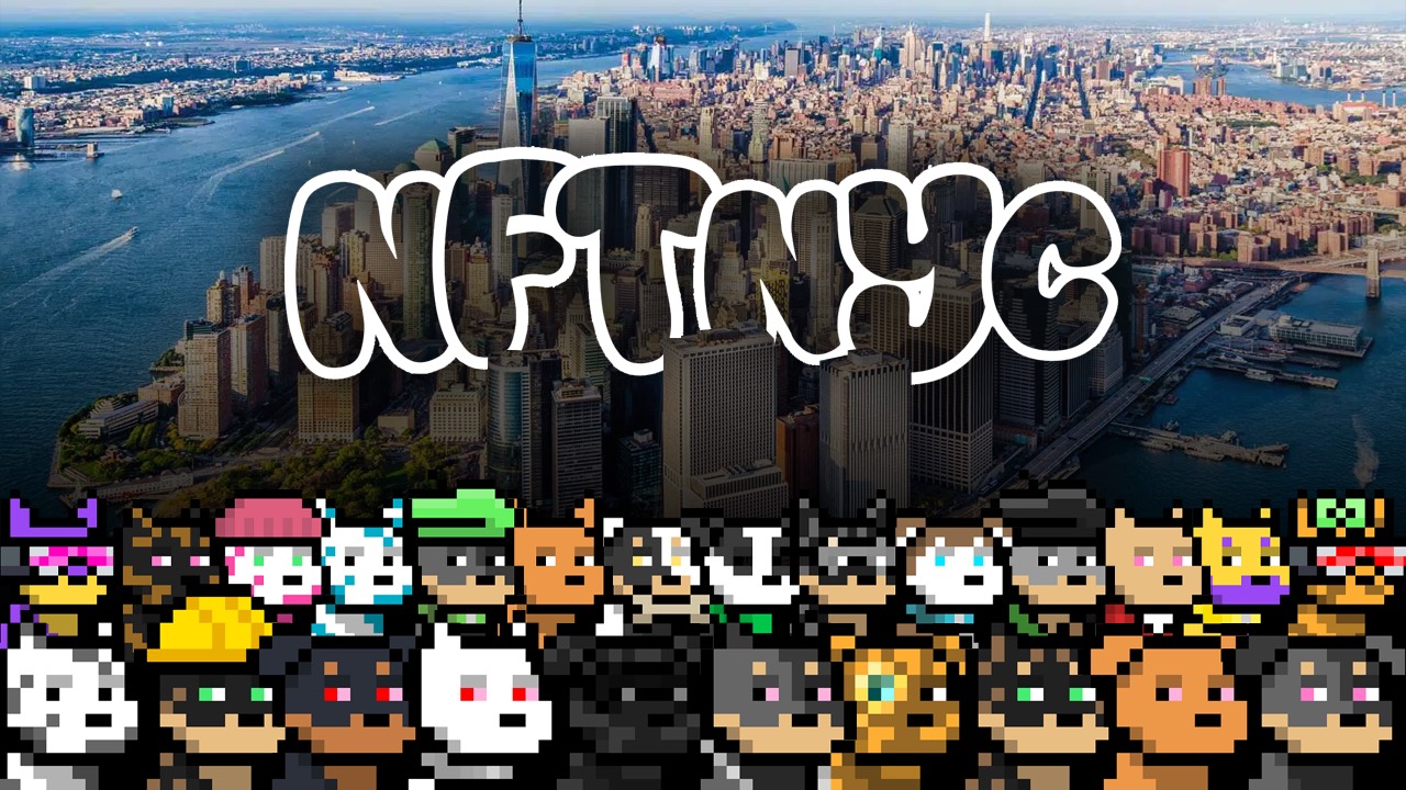 NFTNYC text over the Manhattan skyline above a row of pixel Doginal Dogs