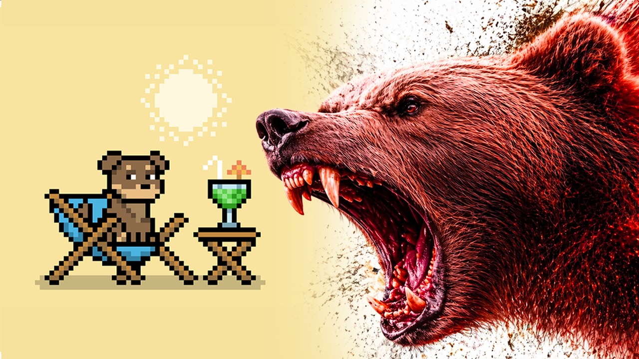 Pixel-art bear facing a roaring brown bear, a crypto bear-market contrast