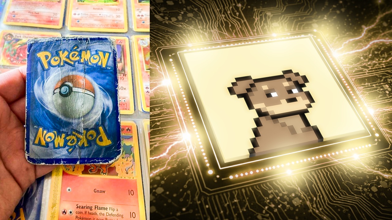 Worn physical Pokemon card beside a glowing on-chain Doginal Dog
