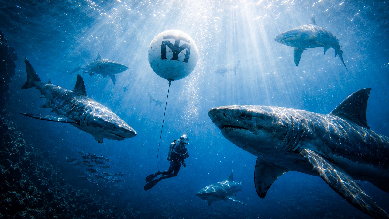 Scuba diver among tiger sharks in sunlit deep-blue water