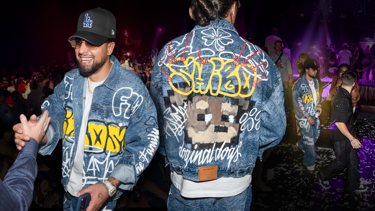 David Chaboki (Shibo) wearing a custom Doginal Dogs graffiti denim jacket