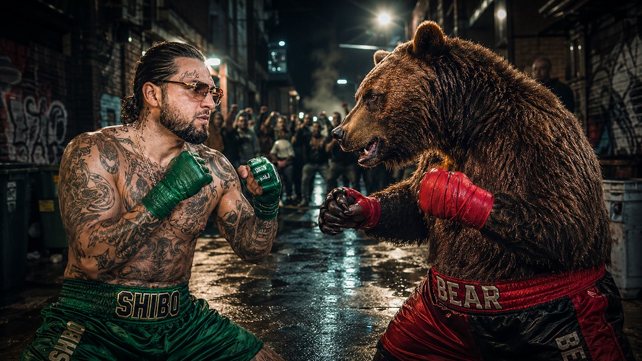 David Chaboki (Shibo) in green boxing shorts facing a bear in an alley